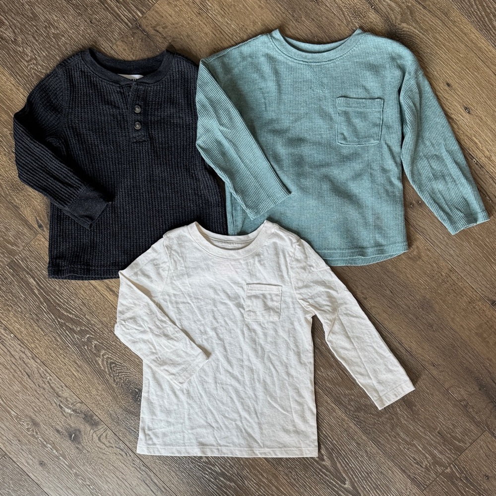 Kids Long-Sleeve Pocket Tee Trio - Black, Seafoam, Cream